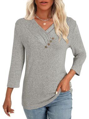 👚 Women's Grey Tunic Tops V Neck Button Loose T Shirts Fall 3/4 Sleeve Blouse